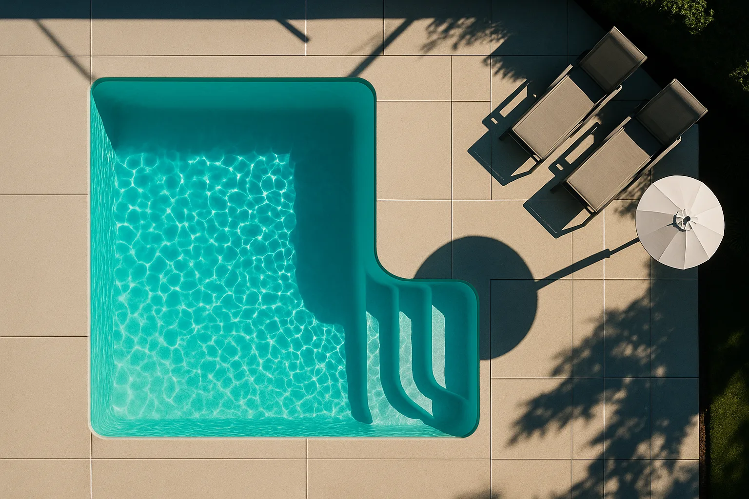 An overhead view of a finished fiberglass pool and surrounding deck in bright midday light