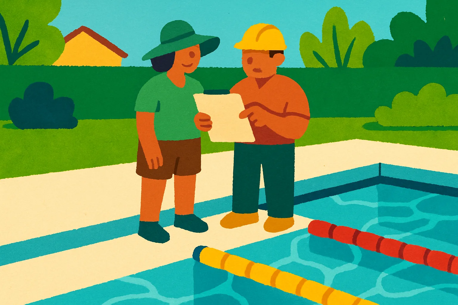 Illustration of two people reviewing pool plans together at the edge of a bright backyard pool