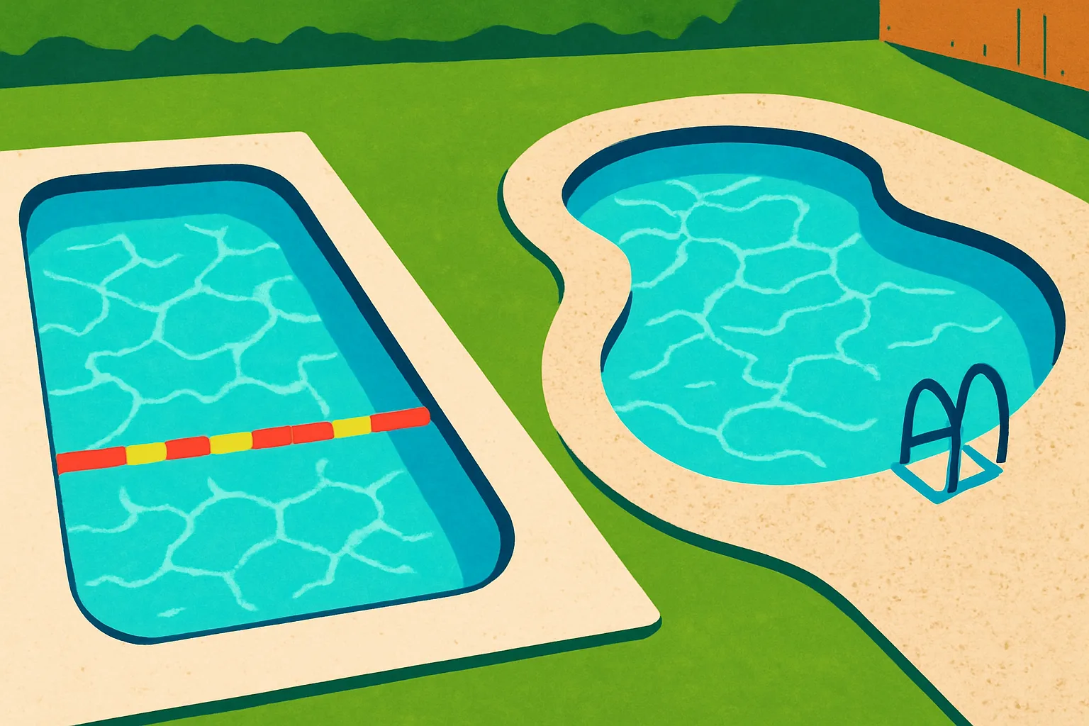 Illustration of two backyard pools side by side, one a smooth-edged fiberglass shell and one a free-form concrete pool