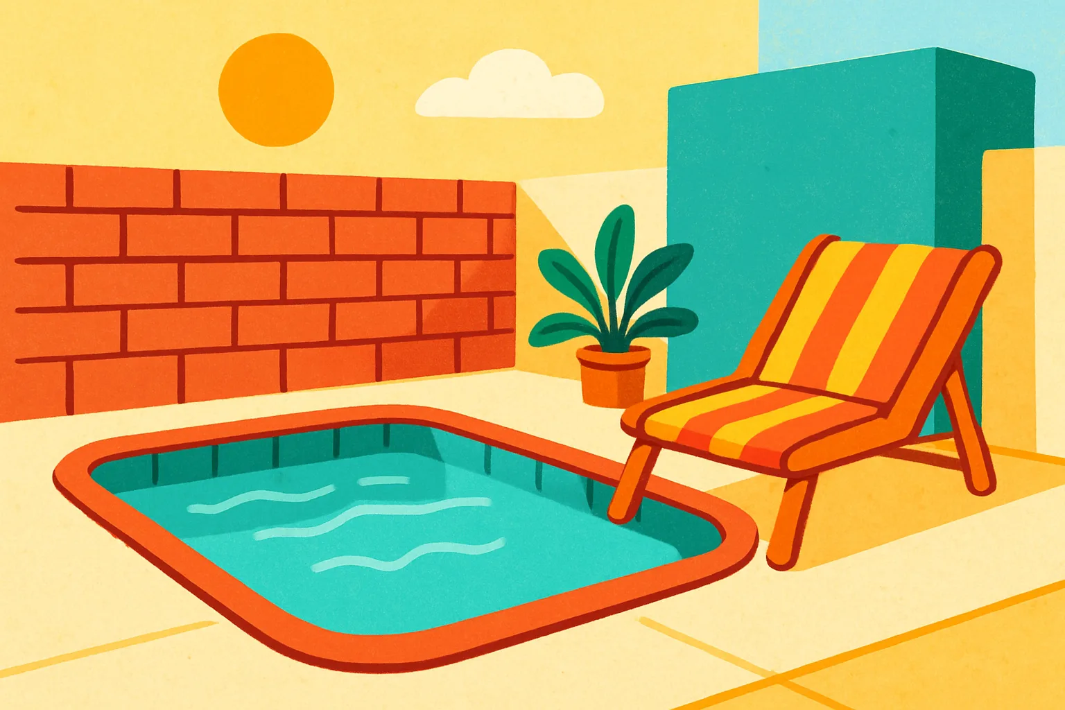 Illustration of a small plunge pool on a compact urban patio with a single lounge chair