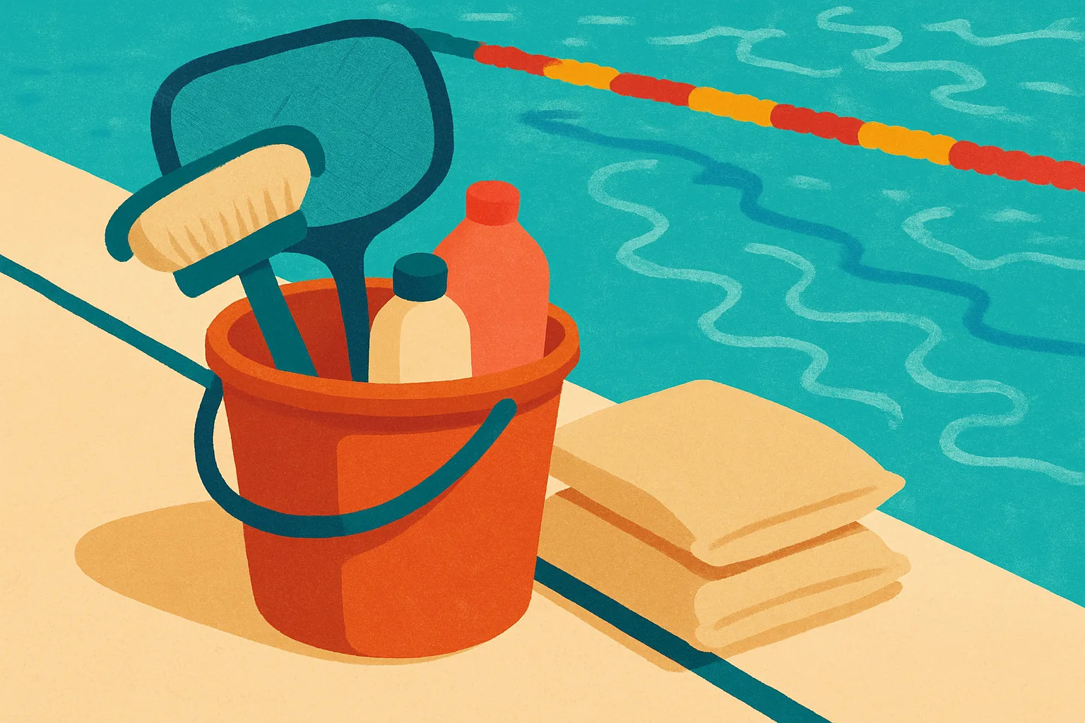Illustration of a pool maintenance caddy with brush, skimmer net and bottles on a sunny pool deck