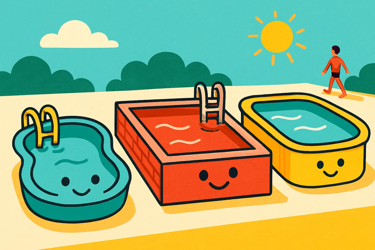 Illustration of three pool types, a fiberglass shell, a concrete form, and a vinyl liner, shown side by side