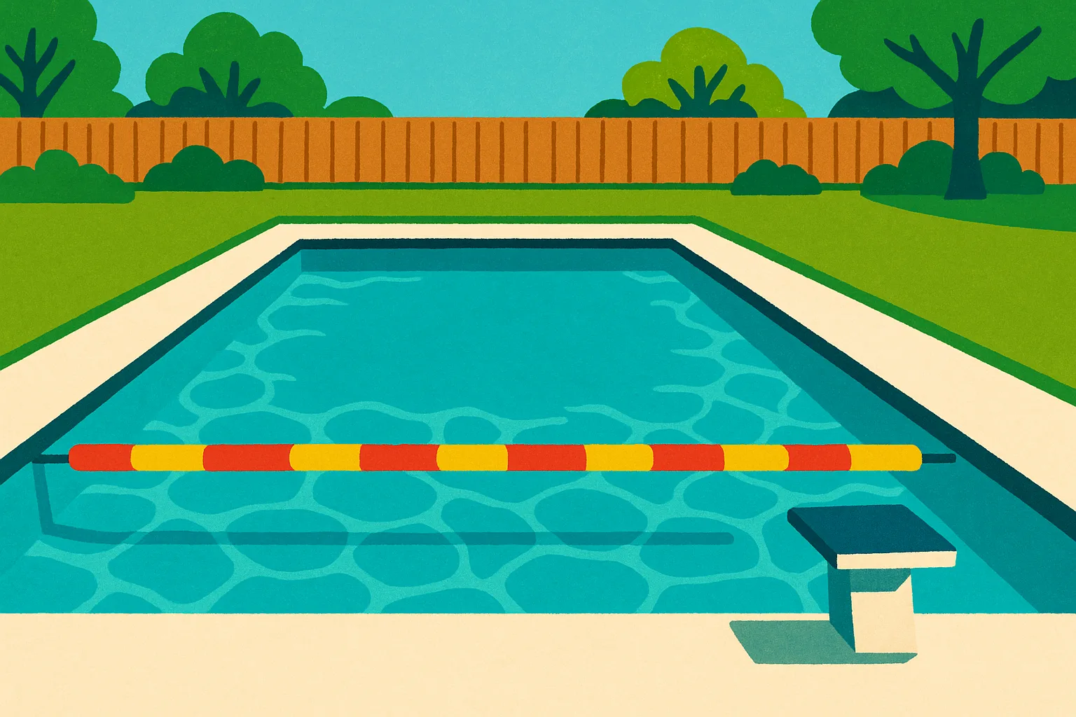 Illustration of a backyard fiberglass pool with a red and yellow lane rope, starting block, and sunny lawn