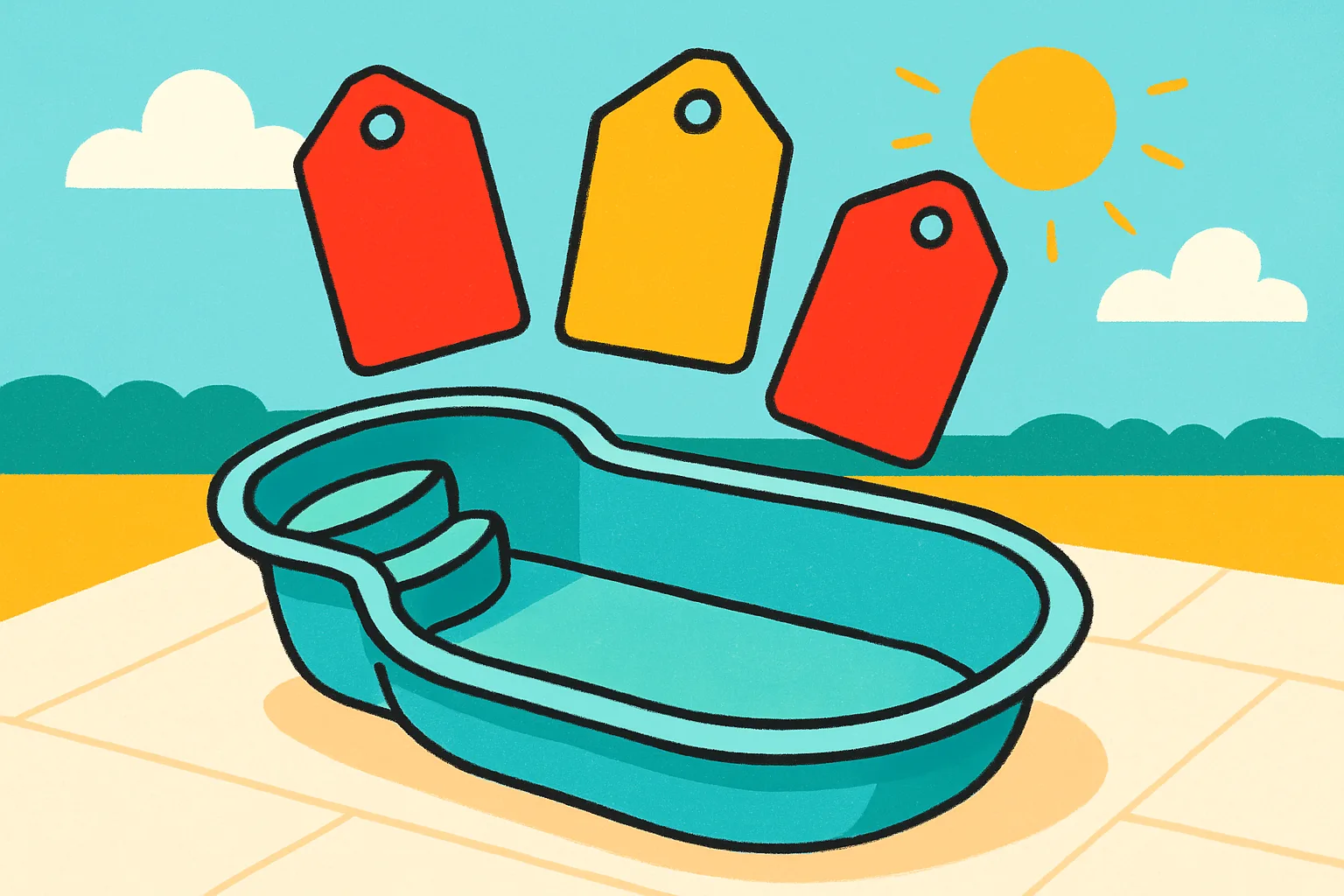 Illustration of a fiberglass pool with friendly price-tag shapes floating above it
